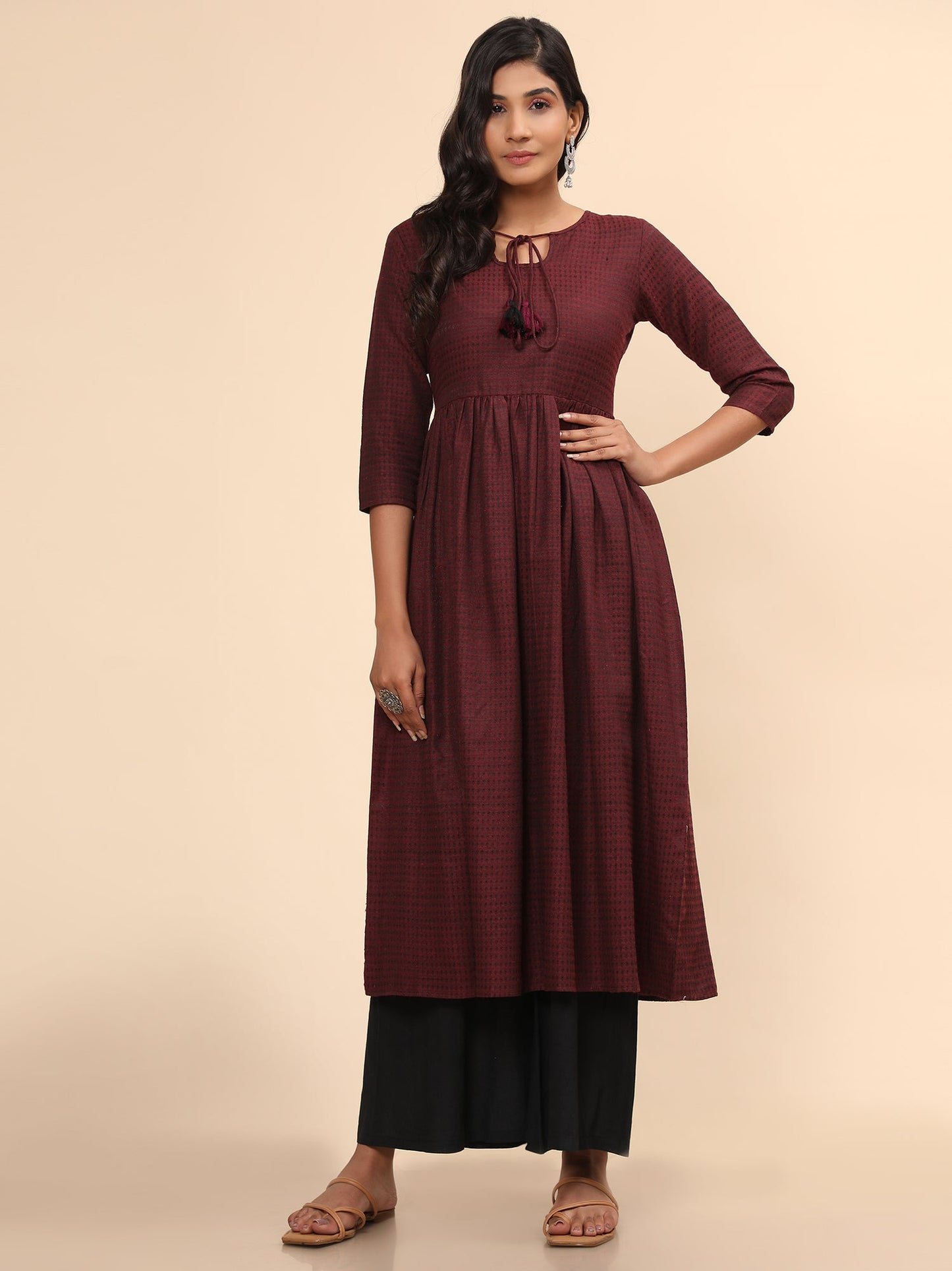 Women's Printed A-Line Yarn Dyed Purple Stitched Kurta
