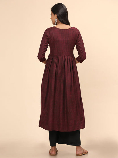 Women's Printed A-Line Yarn Dyed Purple Stitched Kurta