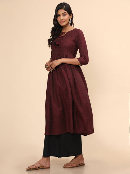 Women's Printed A-Line Yarn Dyed Purple Stitched Kurta