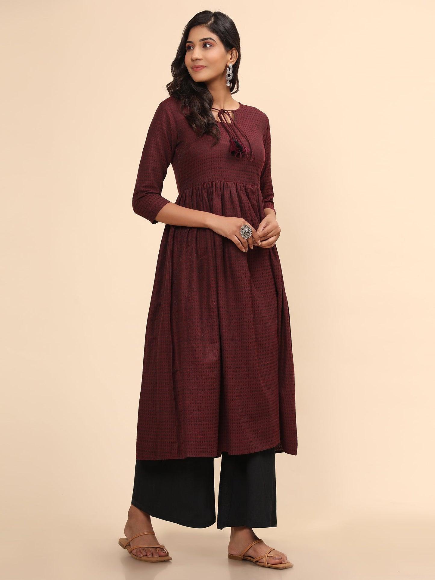 Women's Printed A-Line Yarn Dyed Purple Stitched Kurta