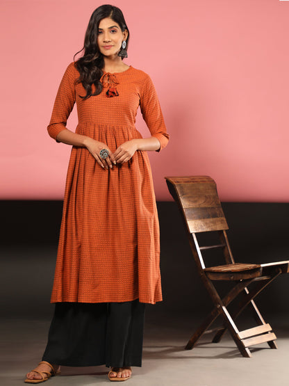 Women's Printed A-Line Yarn Dyed Orange Stitched Kurta