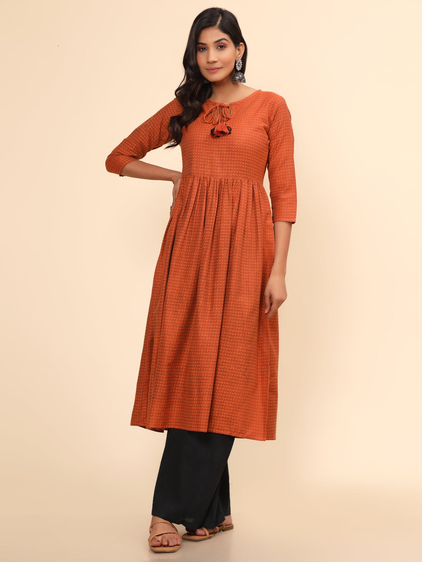 Women's Printed A-Line Yarn Dyed Orange Stitched Kurta