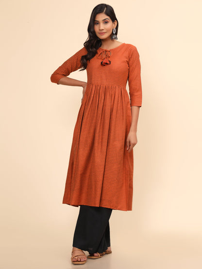 Women's Printed A-Line Yarn Dyed Orange Stitched Kurta