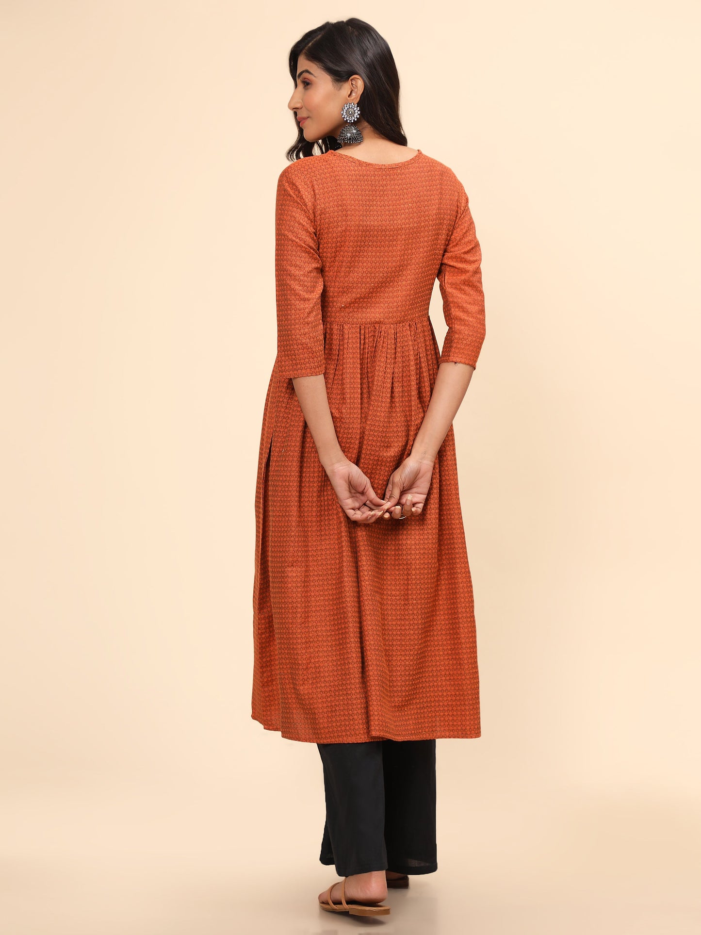Women's Printed A-Line Yarn Dyed Orange Stitched Kurta
