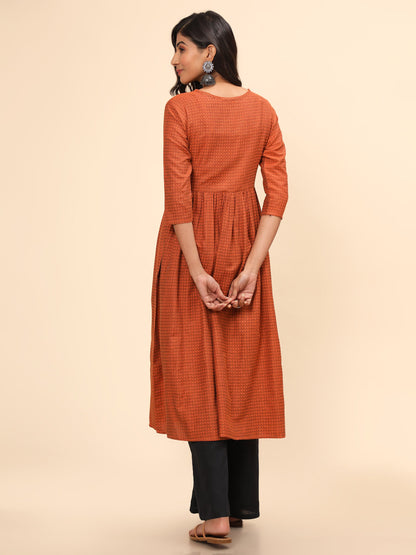 Women's Printed A-Line Yarn Dyed Orange Stitched Kurta