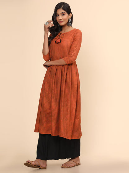 Women's Printed A-Line Yarn Dyed Orange Stitched Kurta