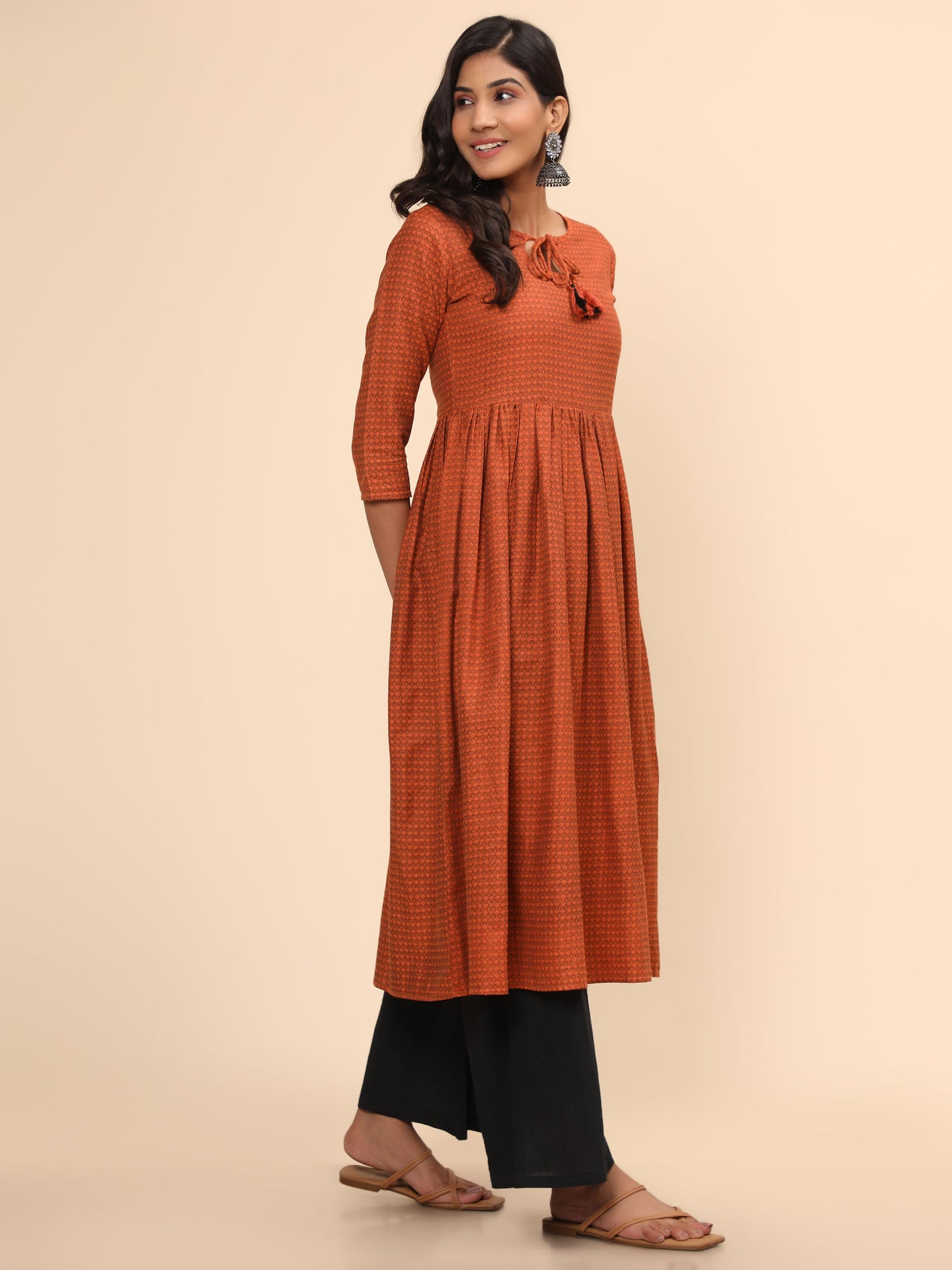 Women's Printed A-Line Yarn Dyed Orange Stitched Kurta
