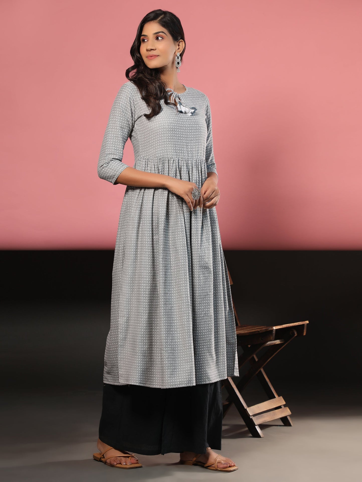 Women's Printed A-Line Yarn Dyed Grey Stitched Kurta