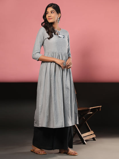 Women's Printed A-Line Yarn Dyed Grey Stitched Kurta
