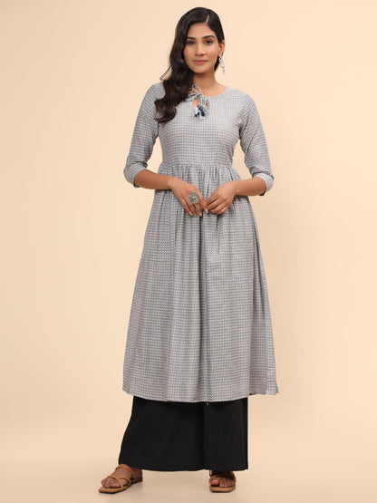 Women's Printed A-Line Yarn Dyed Grey Stitched Kurta