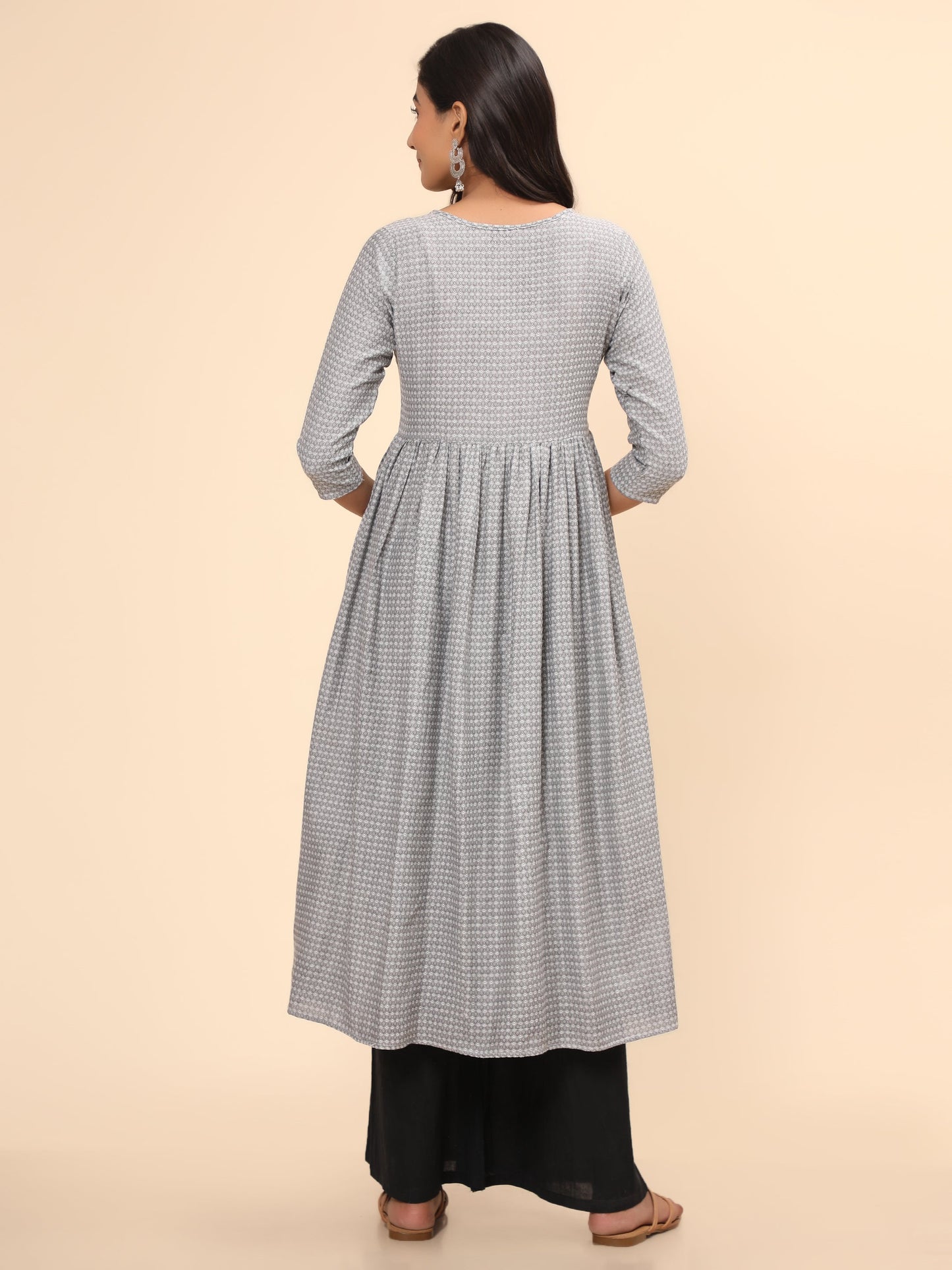Women's Printed A-Line Yarn Dyed Grey Stitched Kurta