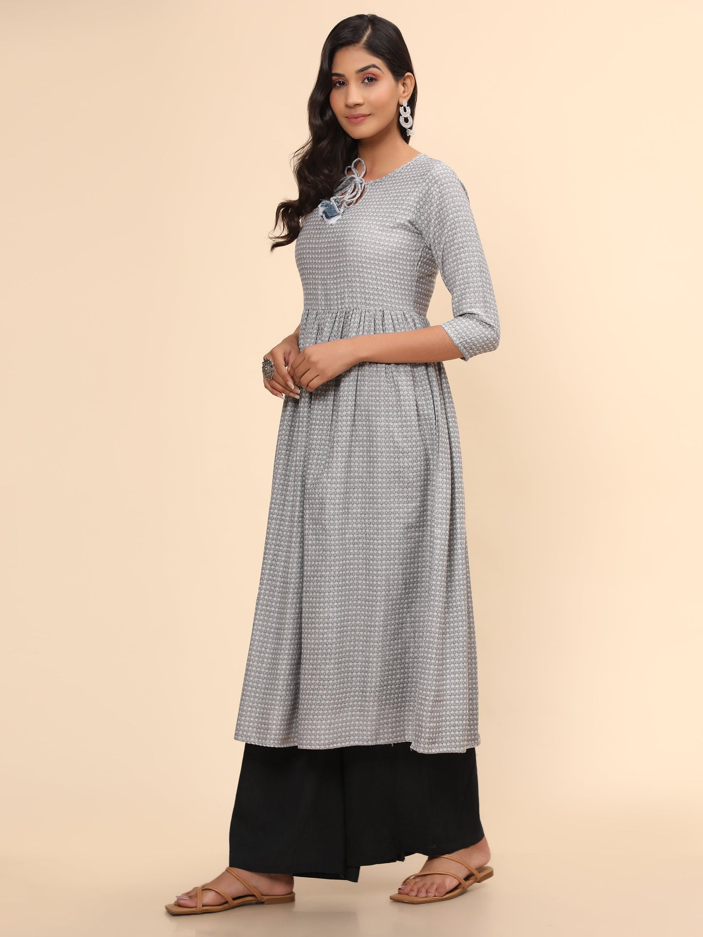 Women's Printed A-Line Yarn Dyed Grey Stitched Kurta