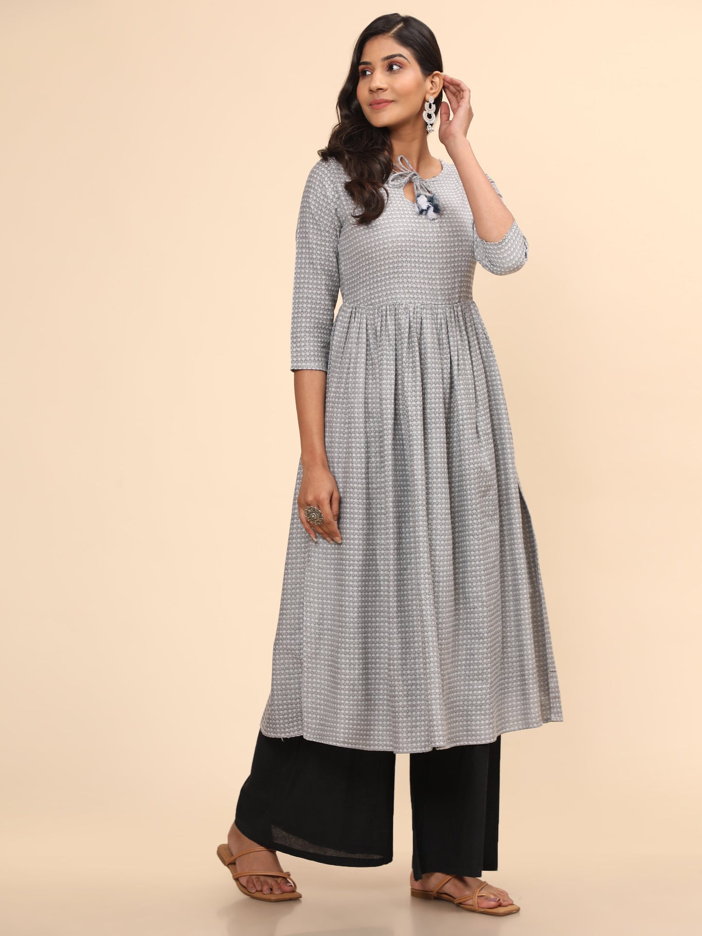 Women's Printed A-Line Yarn Dyed Grey Stitched Kurta