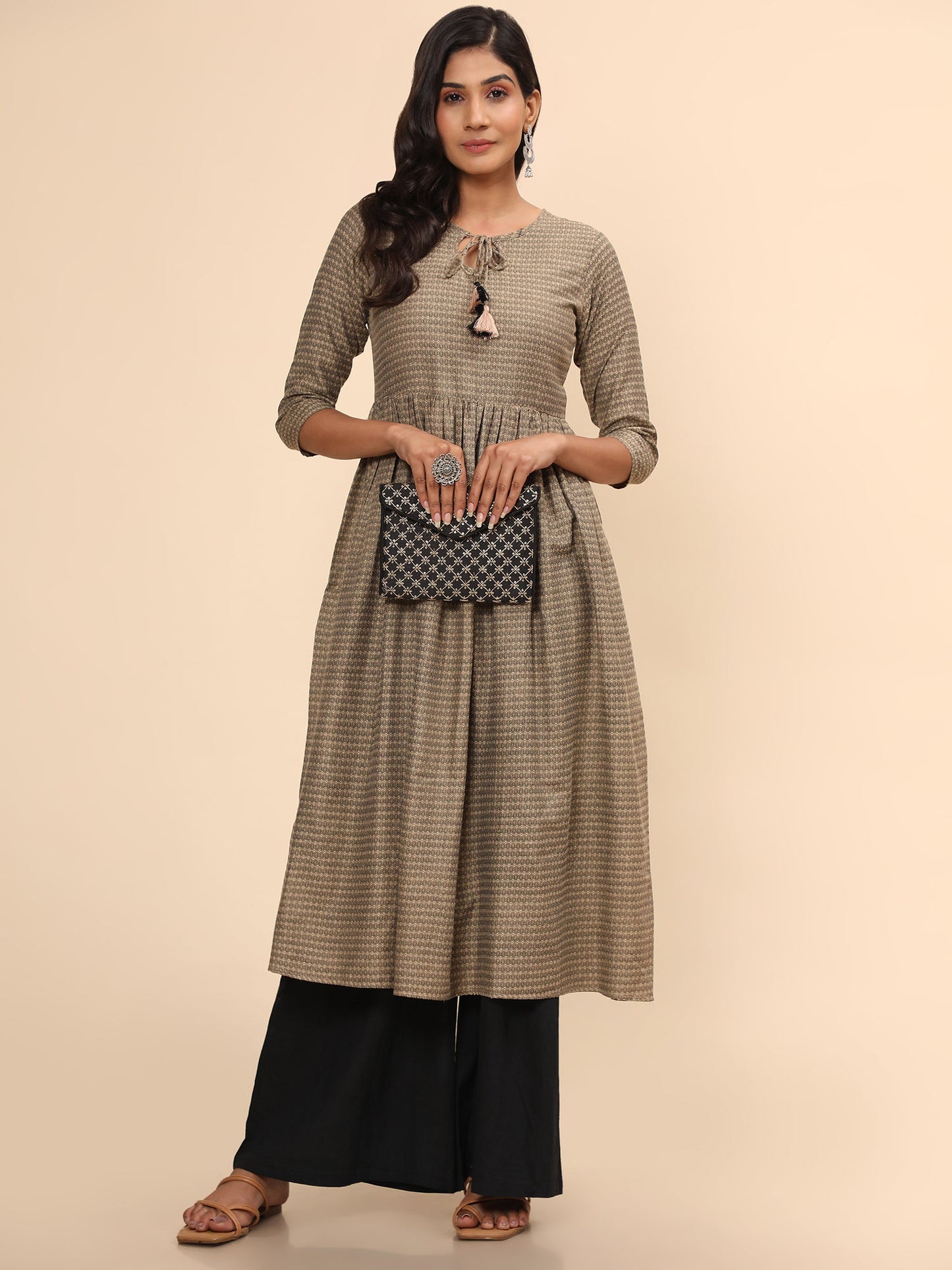Women's Printed A-Line Yarn Dyed Beige Stitched Kurta