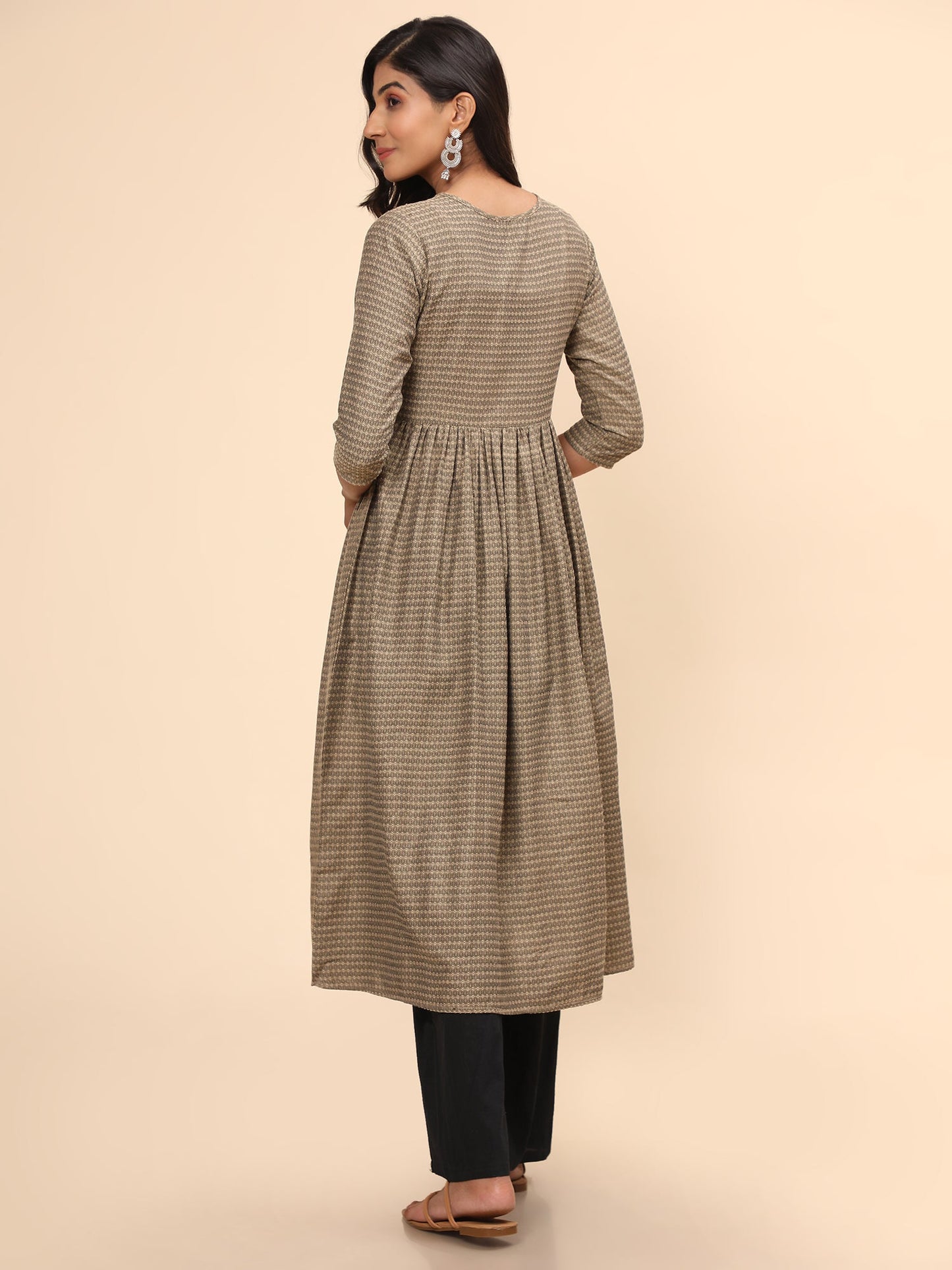 Women's Printed A-Line Yarn Dyed Beige Stitched Kurta