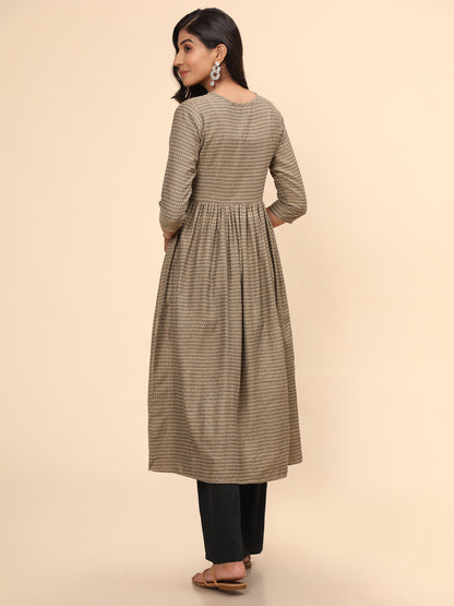 Women's Printed A-Line Yarn Dyed Beige Stitched Kurta