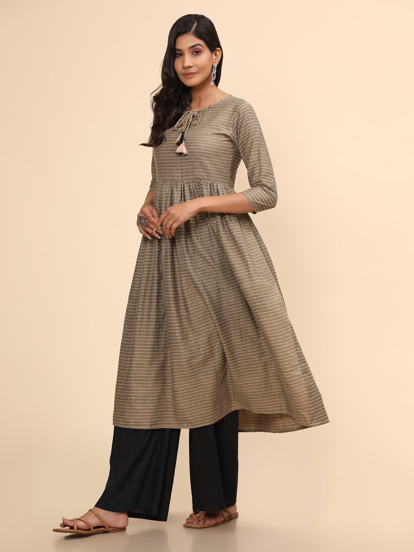 Women's Printed A-Line Yarn Dyed Beige Stitched Kurta