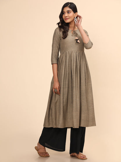 Women's Printed A-Line Yarn Dyed Beige Stitched Kurta