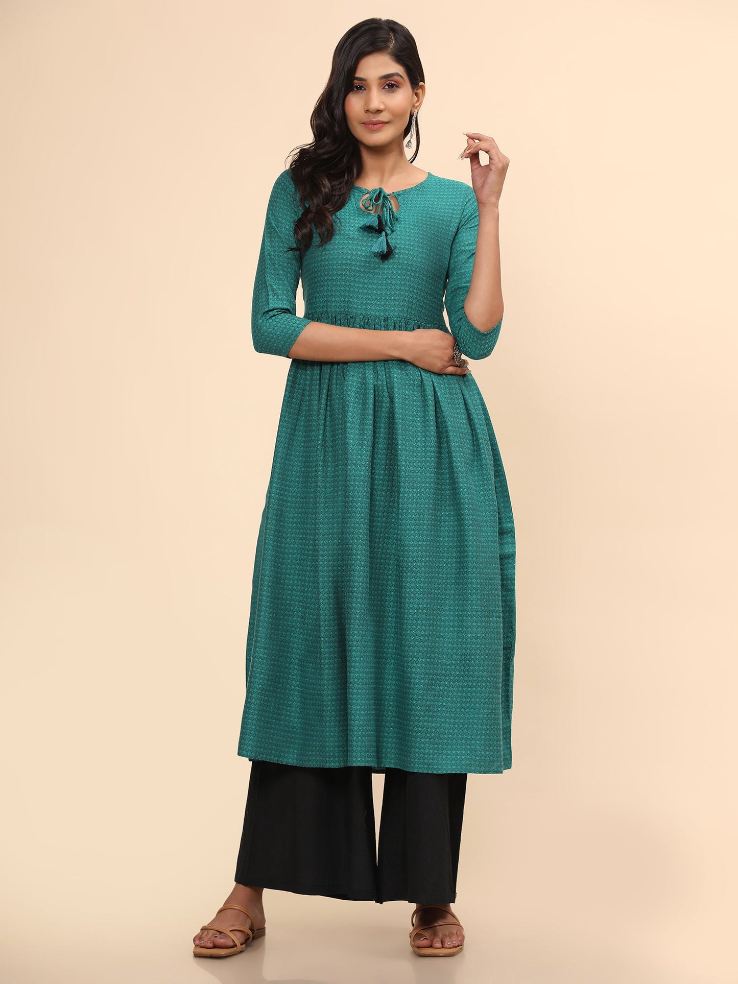 Women's Printed A-Line Yarn Dyed Turquoise Stitched Kurta