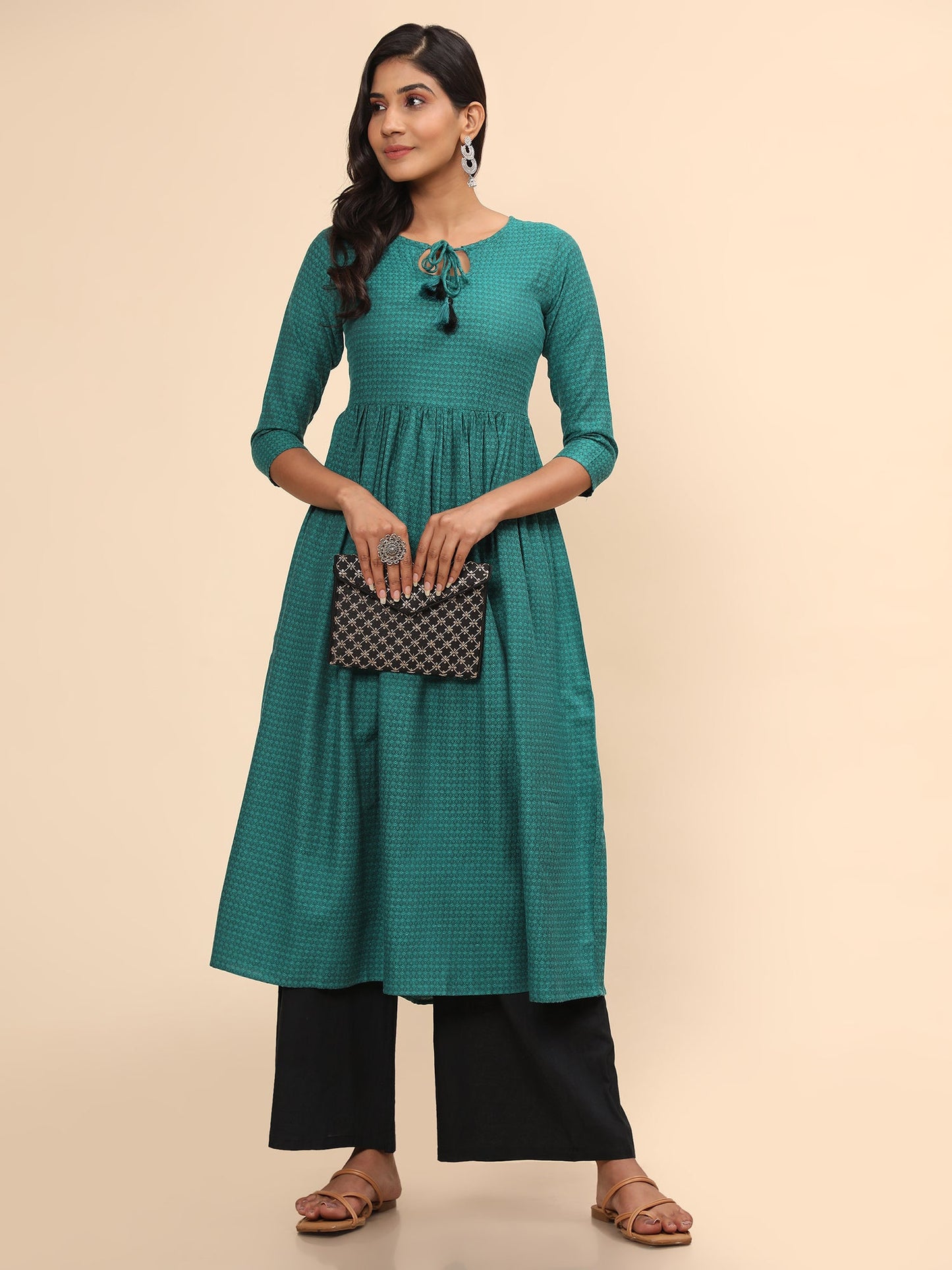 Women's Printed A-Line Yarn Dyed Turquoise Stitched Kurta