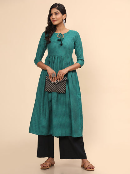 Women's Printed A-Line Yarn Dyed Turquoise Stitched Kurta