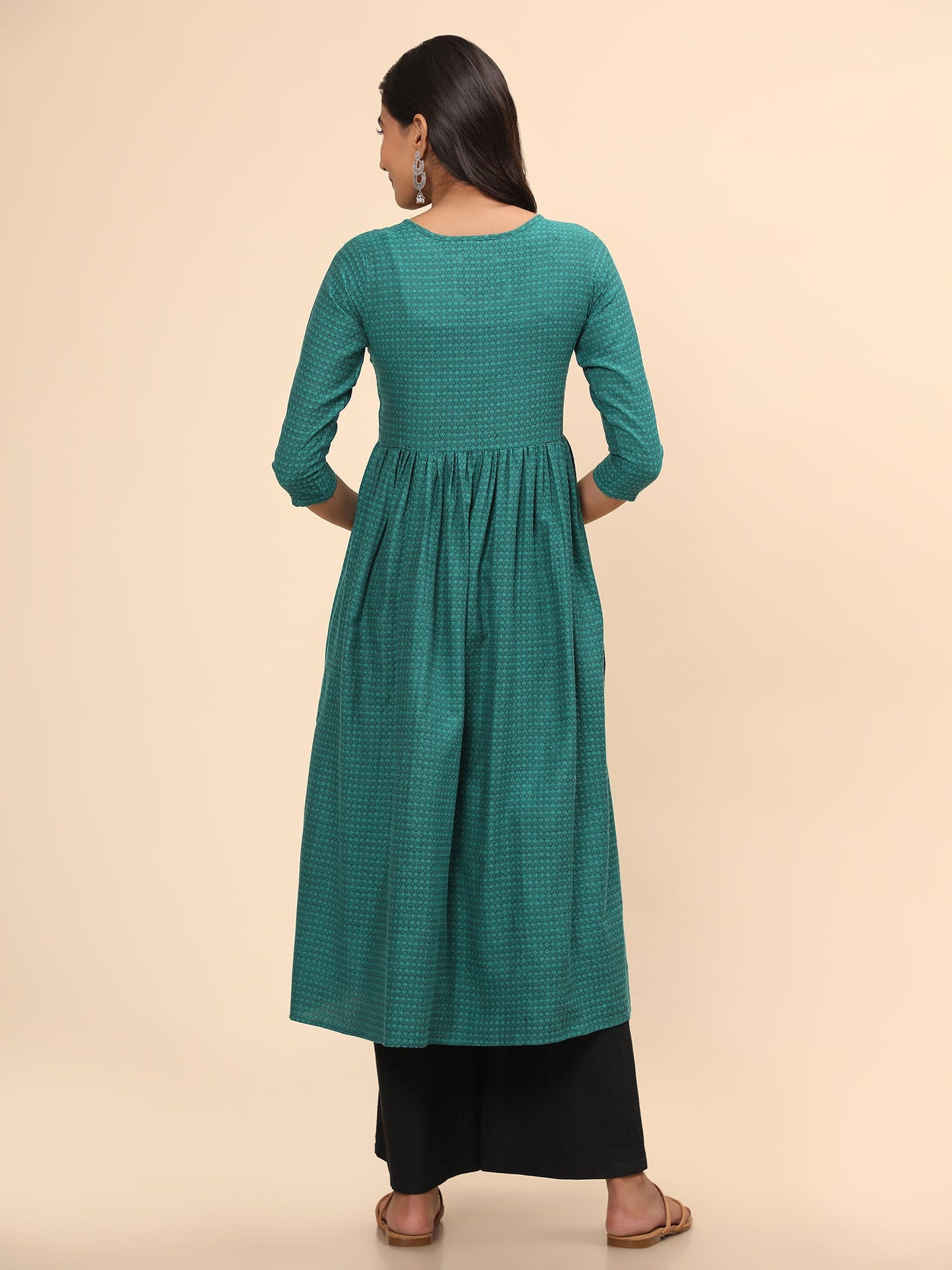 Women's Printed A-Line Yarn Dyed Turquoise Stitched Kurta