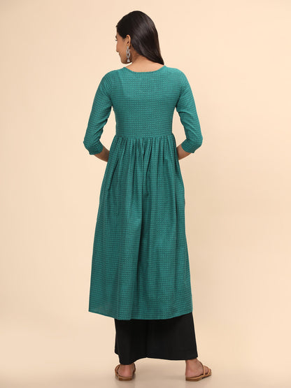 Women's Printed A-Line Yarn Dyed Turquoise Stitched Kurta