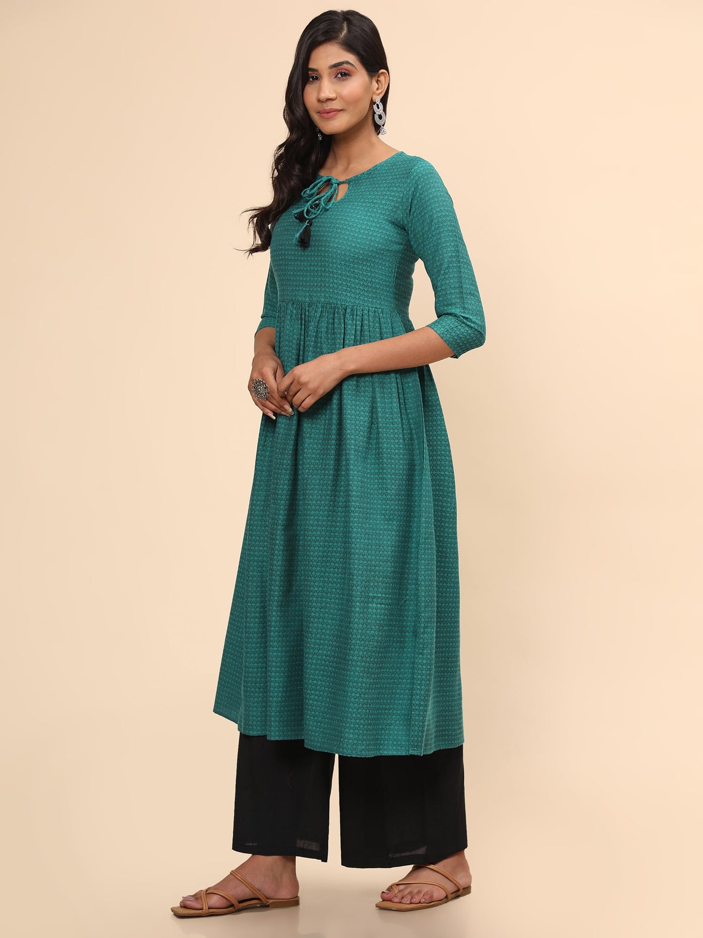 Women's Printed A-Line Yarn Dyed Turquoise Stitched Kurta