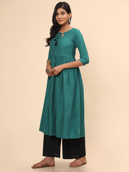 Women's Printed A-Line Yarn Dyed Turquoise Stitched Kurta