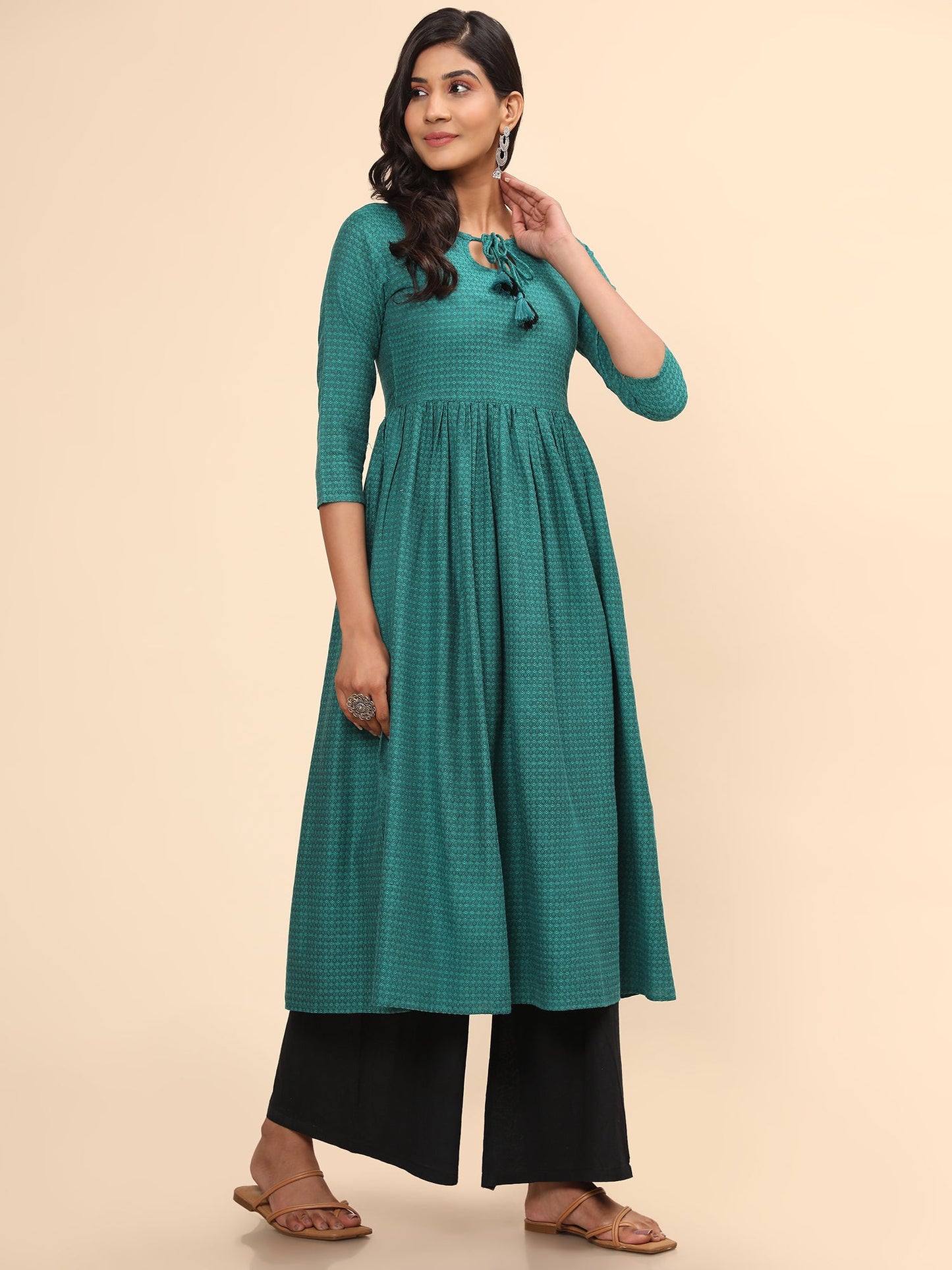 Women's Printed A-Line Yarn Dyed Turquoise Stitched Kurta