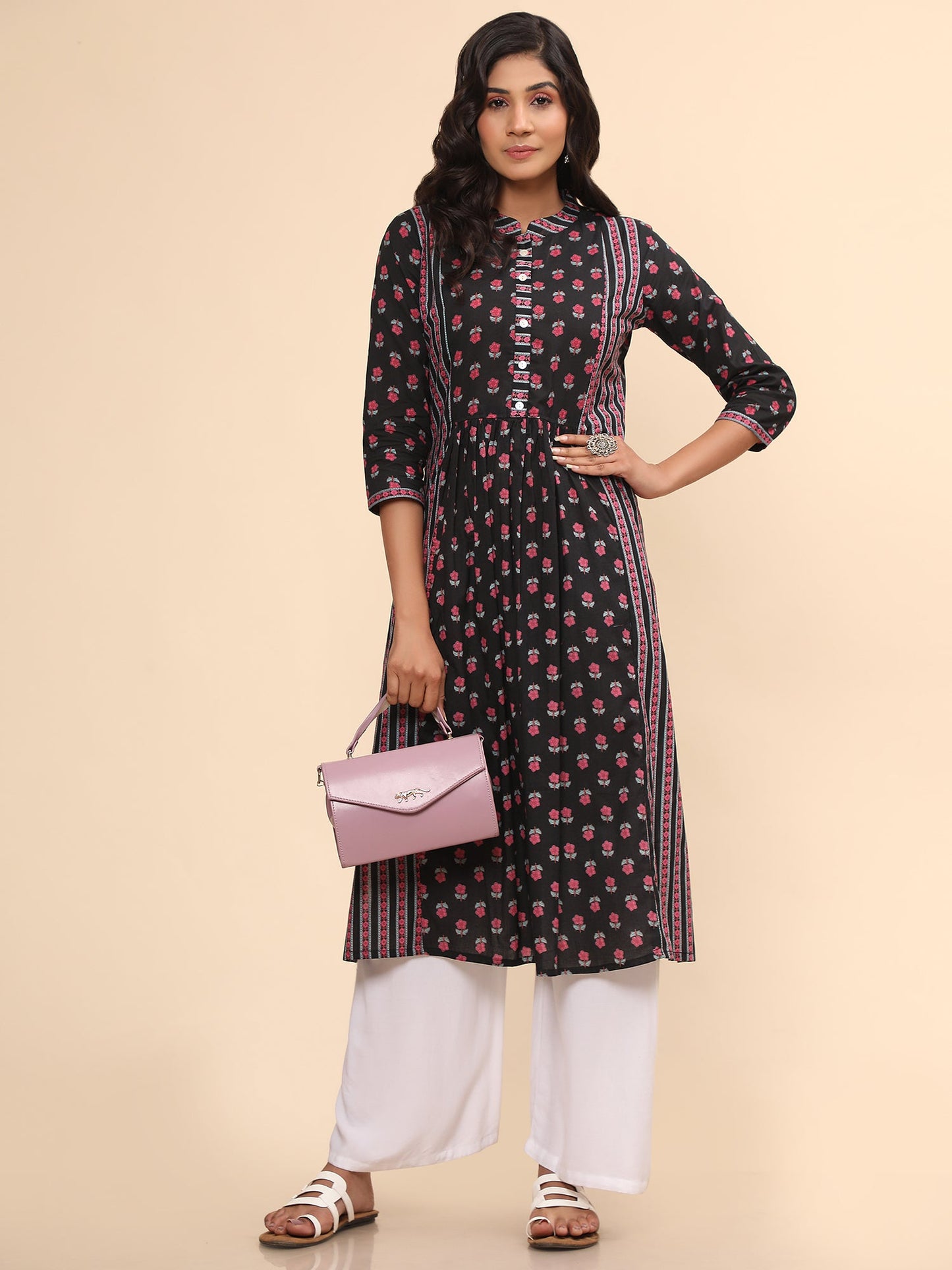 Women's Floral Print Straight Cotton Black Stitched Kurta