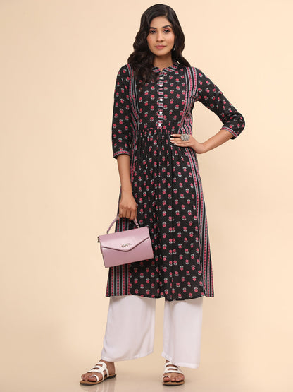Women's Floral Print Straight Cotton Black Stitched Kurta