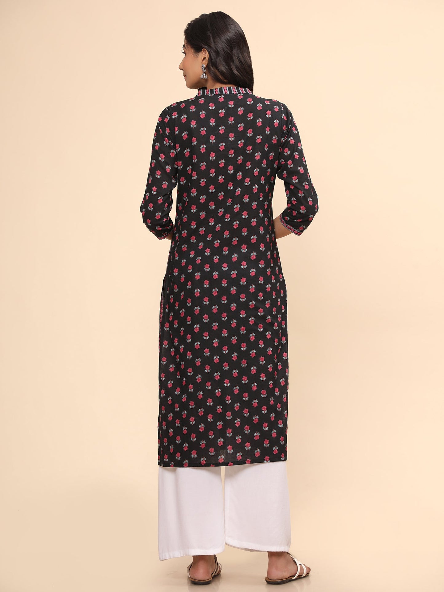 Women's Floral Print Straight Cotton Black Stitched Kurta