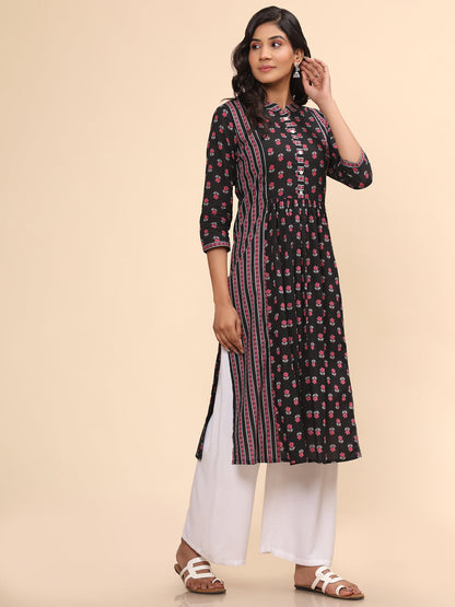 Women's Floral Print Straight Cotton Black Stitched Kurta
