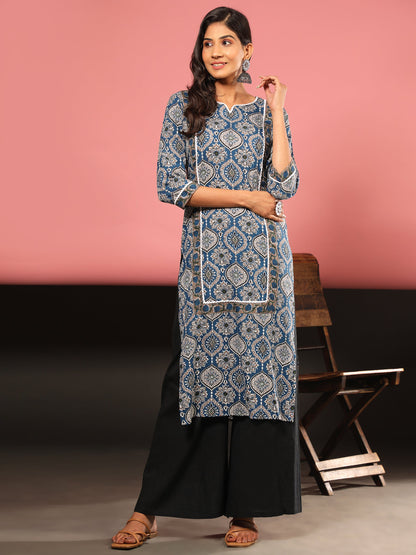Women's Printed Straight Cotton Blue Stitched Kurta