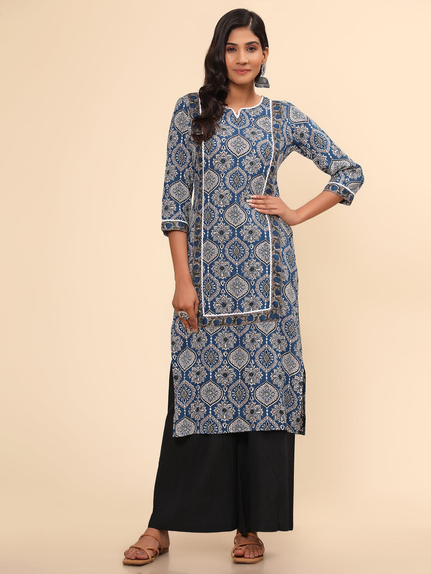Women's Printed Straight Cotton Blue Stitched Kurta