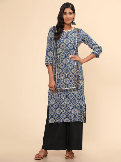 Women's Printed Straight Cotton Blue Stitched Kurta