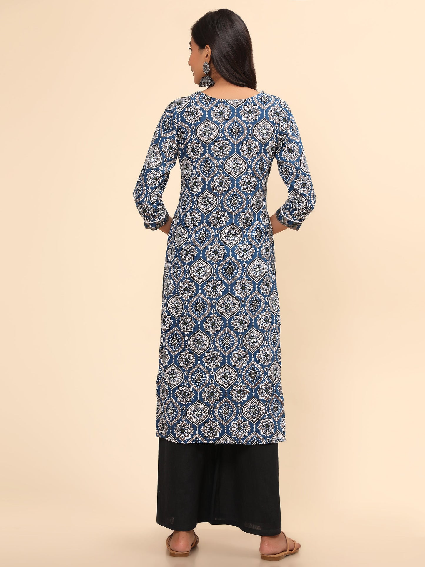 Women's Printed Straight Cotton Blue Stitched Kurta