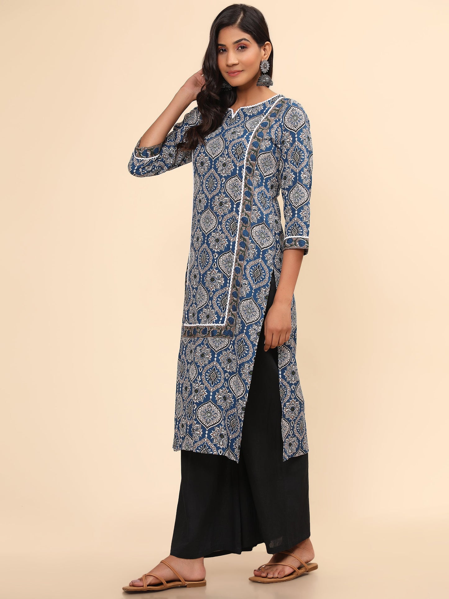 Women's Printed Straight Cotton Blue Stitched Kurta