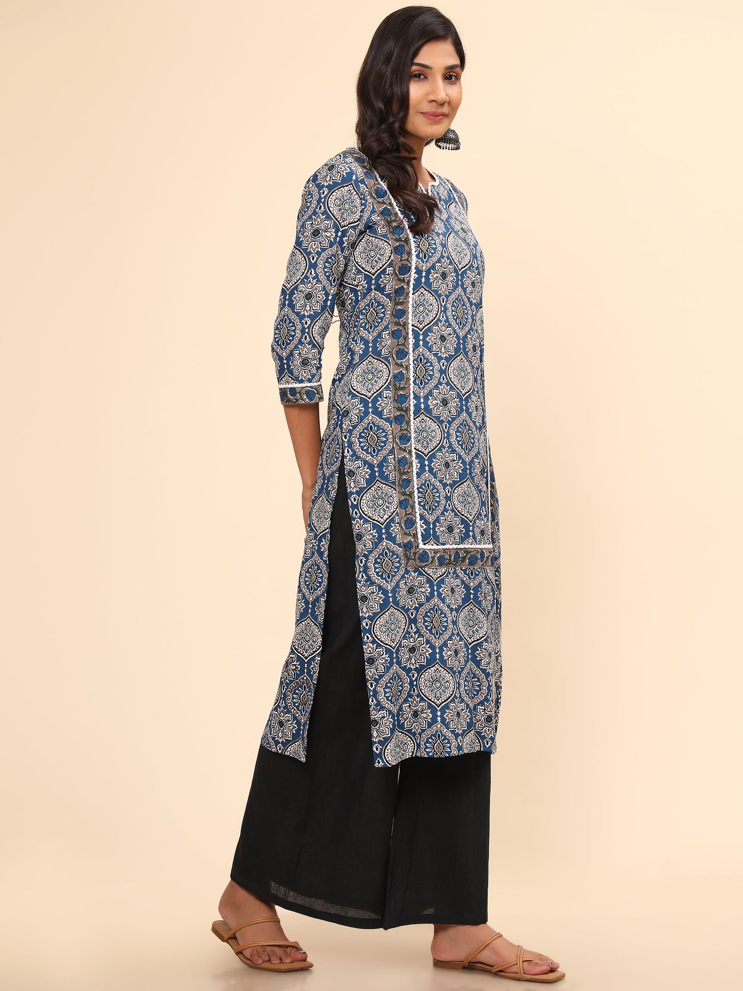 Women's Printed Straight Cotton Blue Stitched Kurta
