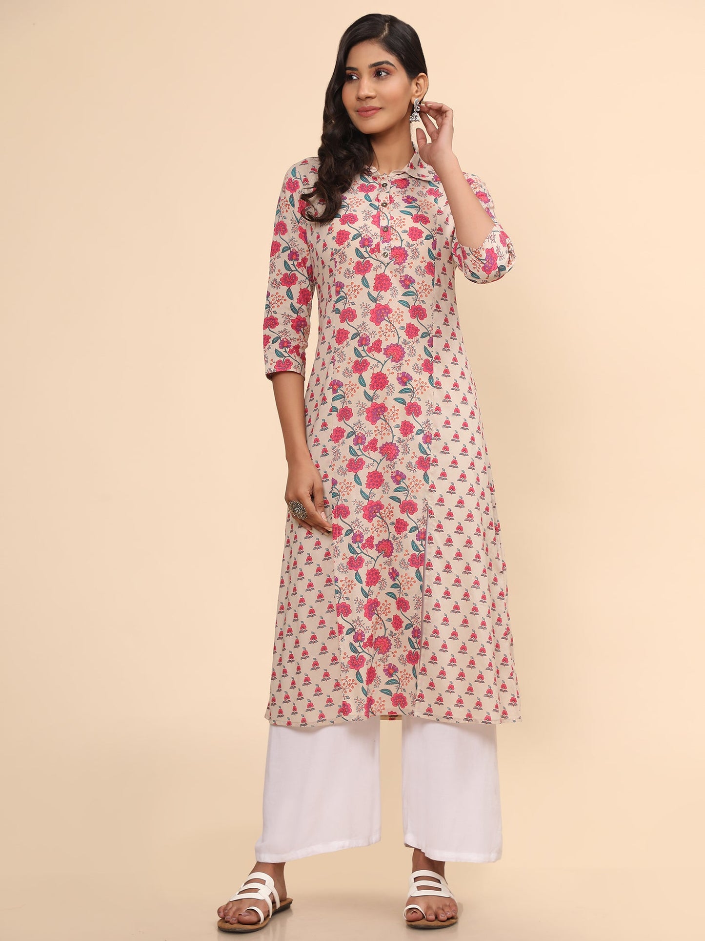 Women's Floral Print Straight Cotton Pink Stitched Kurta