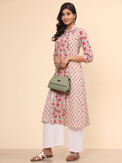 Women's Floral Print Straight Cotton Pink Stitched Kurta