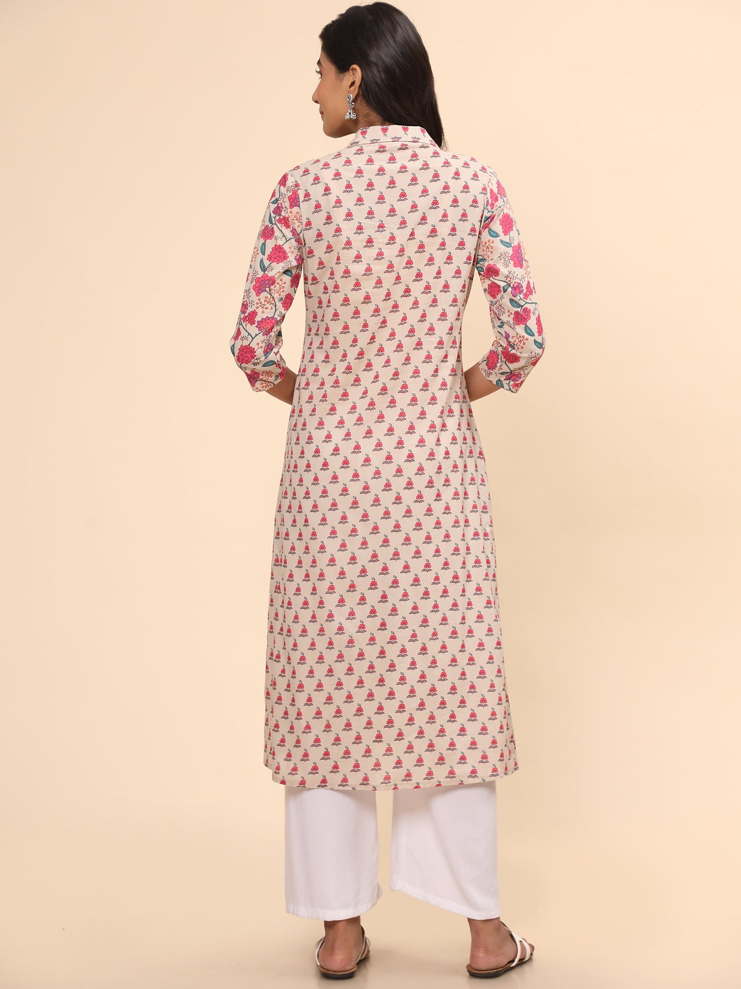 Women's Floral Print Straight Cotton Pink Stitched Kurta