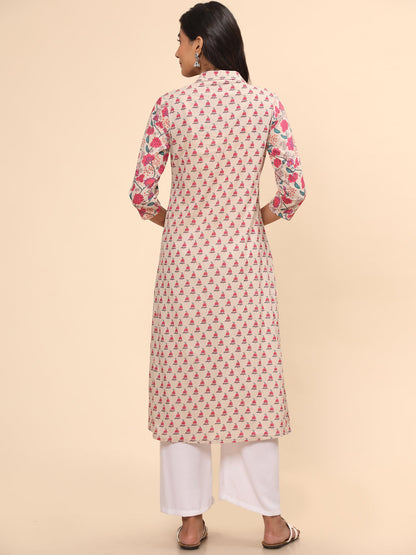 Women's Floral Print Straight Cotton Pink Stitched Kurta