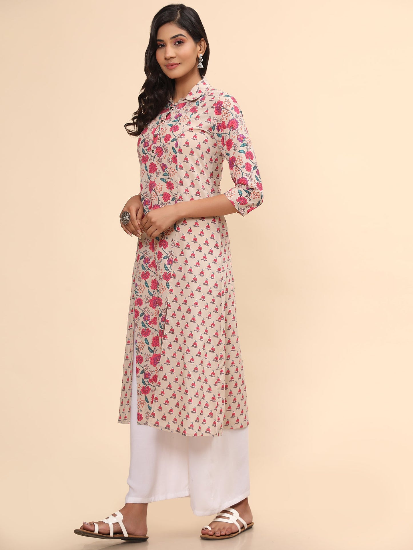 Women's Floral Print Straight Cotton Pink Stitched Kurta