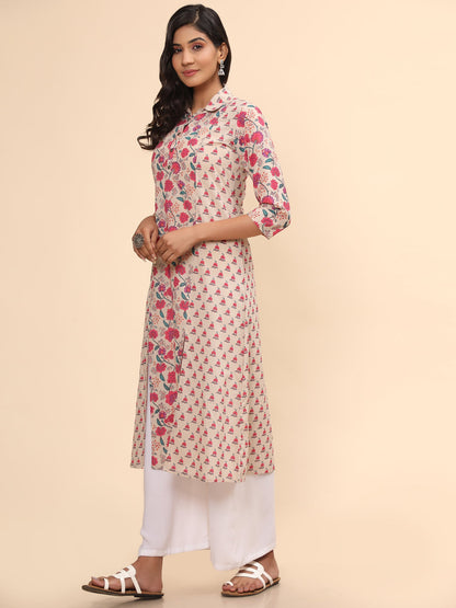 Women's Floral Print Straight Cotton Pink Stitched Kurta