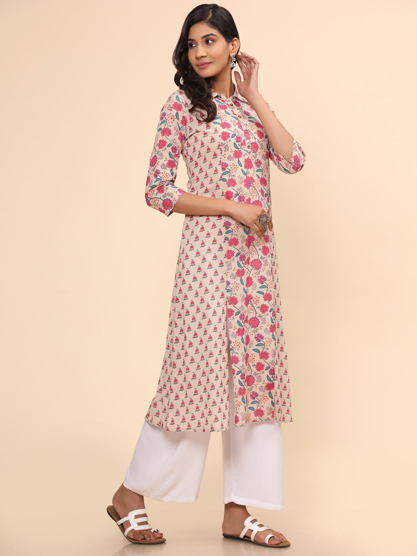 Women's Floral Print Straight Cotton Pink Stitched Kurta