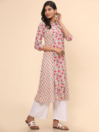 Women's Floral Print Straight Cotton Pink Stitched Kurta