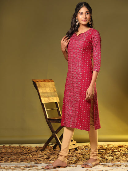 Women's Foil Print Straight Rayon Pink Stitched Kurta