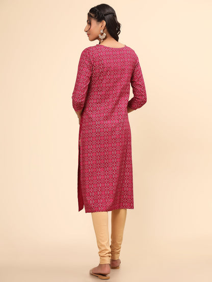 Women's Foil Print Straight Rayon Pink Stitched Kurta
